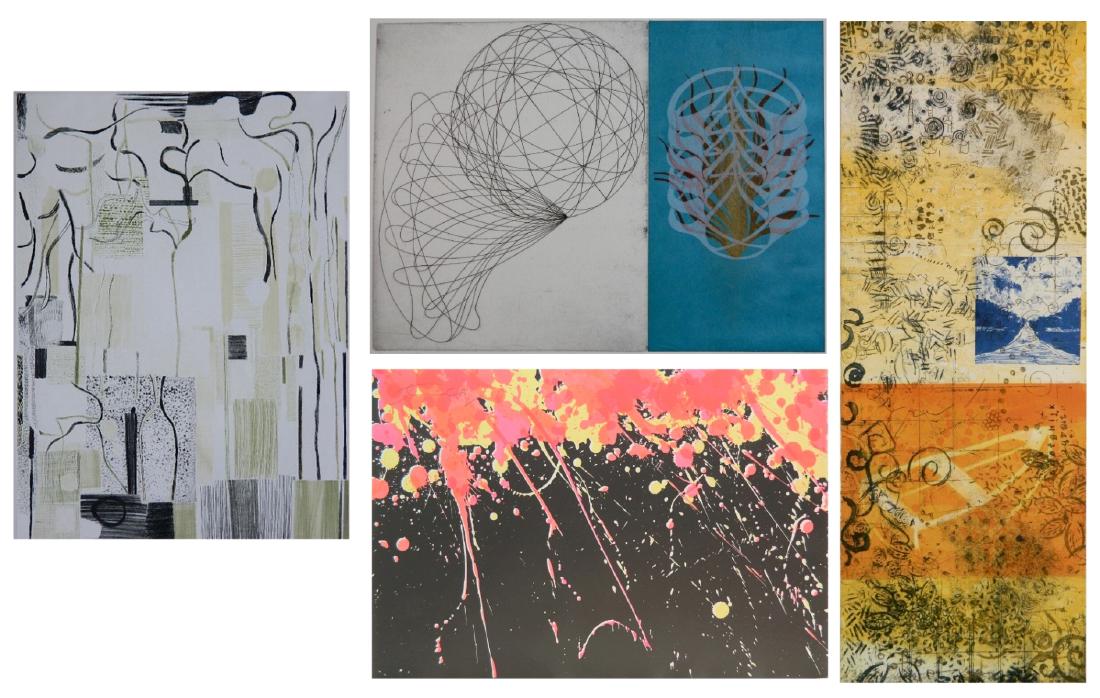 4 Print Club of Cleveland prints: 4 Print Club of Cleveland prints- 1.) Bill Scott (American 1956- )- ''The Gray-Green Bottle''- drypoint and roulette in colors, 2009, signed and dated in pencil, edition of 250, The Print Club of Clev