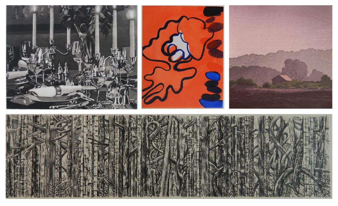 4 Print Club of Cleveland prints: 4 Print Club of Cleveland prints- 1.) Julia Jacquette (American 1964- )- ''Dining Room with Horse Painting''- aquatint, 2008, signed, dated and numbered in pencil, edition of 250, The Print Club of Cl