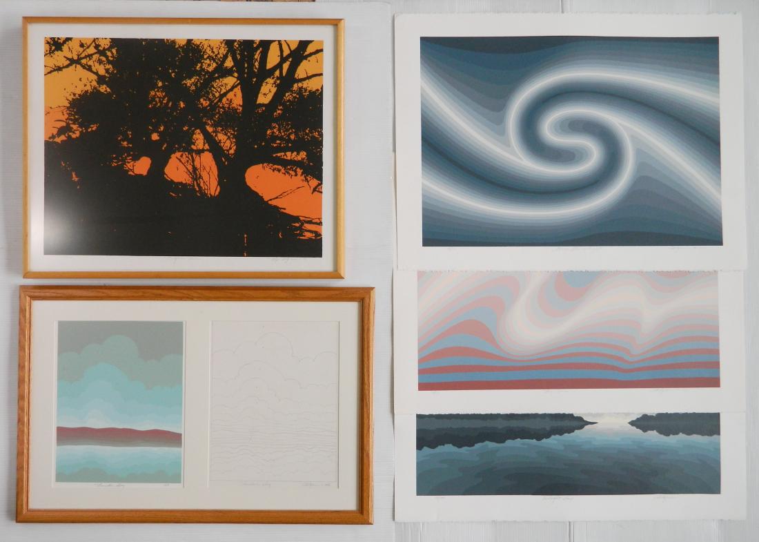 5 Roy Ahlgren silkscreens: Roy Ahlgren (American 1927-2011)- ''Big Sur'; ''Presque Isle''; ''Starry, Starry Night''; ''Thunder Bay'' and ''Twilight Bay''- 5 silkscreens in color along with a preliminary sketch, all signed and d