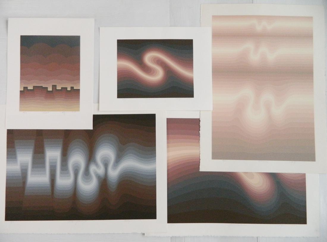5 Roy Ahlgren silkscreens: Roy Ahlgren (American 1927-2011)- ''''Luminescence''; ''Metamorphosis II''; ''Pueblo''; ''Transcendence'' & ''Triiune''- 5 silkscreens in color, all signed and dated, titled and numbered in pencil, go