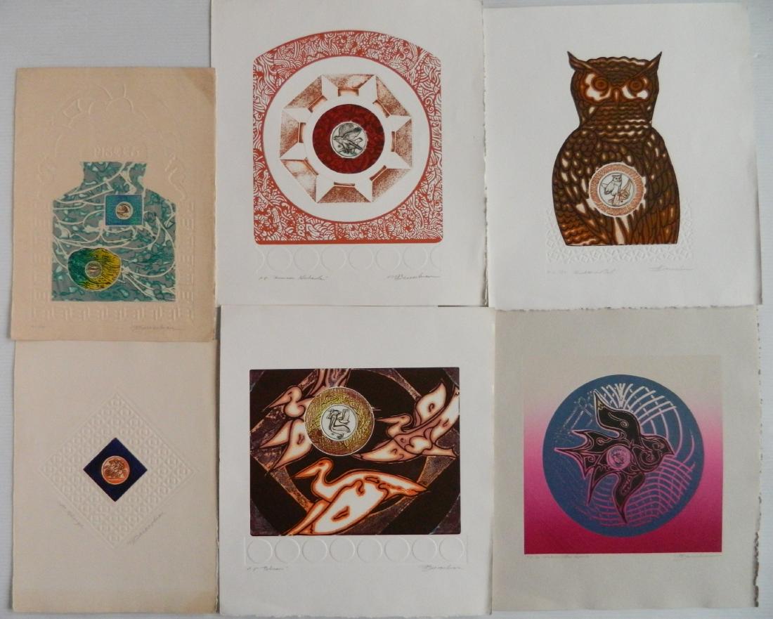 6 Martin Barooshian prints: Martin Barooshian (American 1929- )- ''Alabama Yellow Hammer''; ''American Goshawk''; ''Great Horned Owl''; ''Pelicans''; ''Pisces'' and ''St. George''- 6 etchings in colors, all signed in pencil, ca.