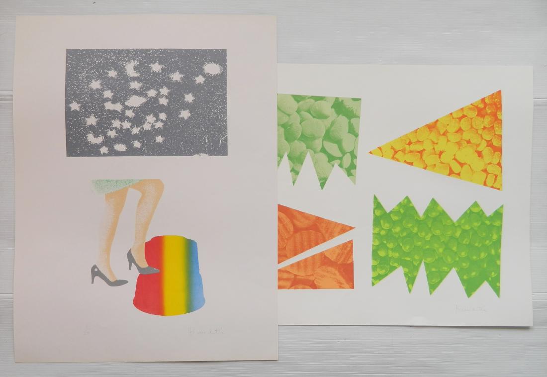 2 Roger Benedetti silkscreens: Roger Benedetti (American 1948- )- ''Fear of Vegetables'' & ''Stepping Into an Alternate Universe''- 2 silkscreens in color, 1976, 1977, both signed and numbered in pencil, very good condition. 23 x 3