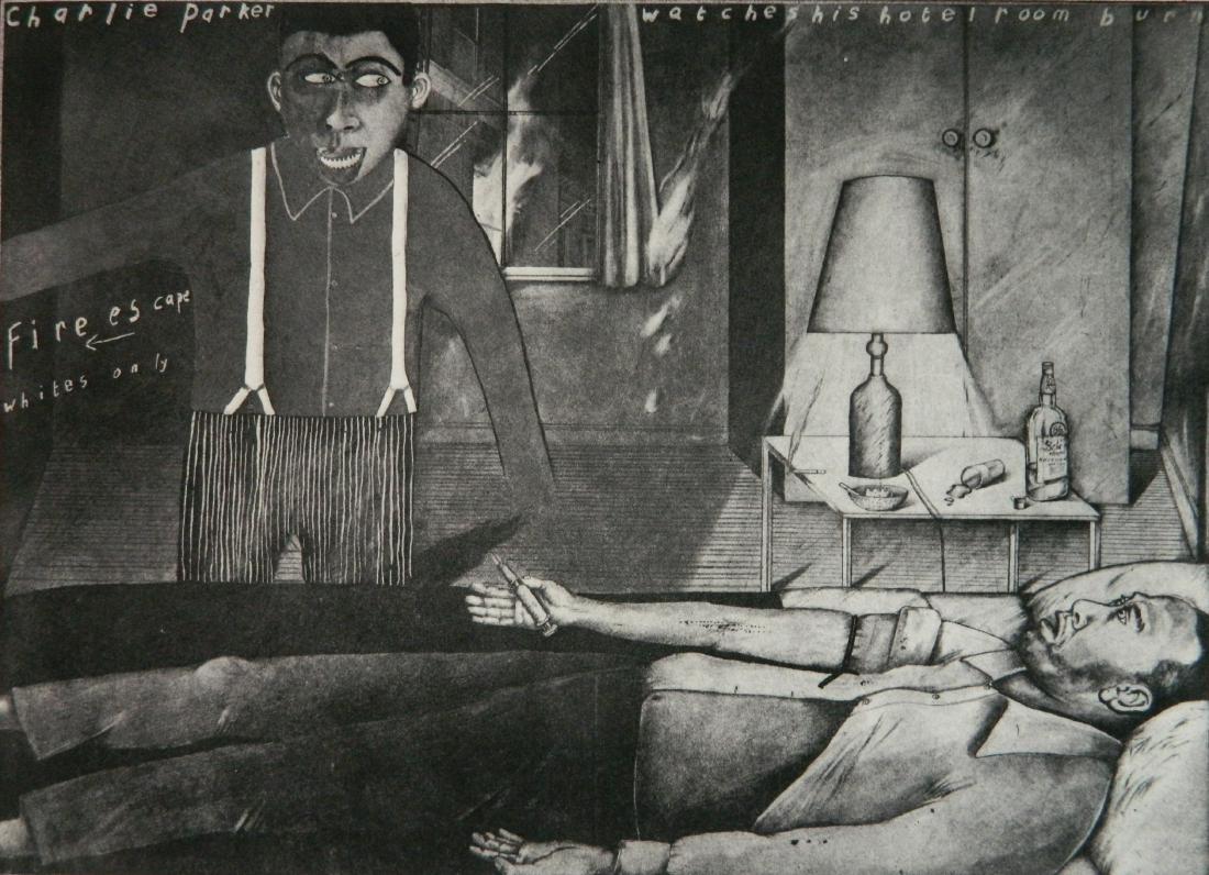 Sue Coe photo-engraving: Sue Coe (British 1951- )- ''Charlie Parker Watches His Hotel Room Burn''- photo-engraving on wove paper, 1984, signed, dated and numered VI/VIII in pencil, moon and cat stamp, Coe-Murray blindstamp, v