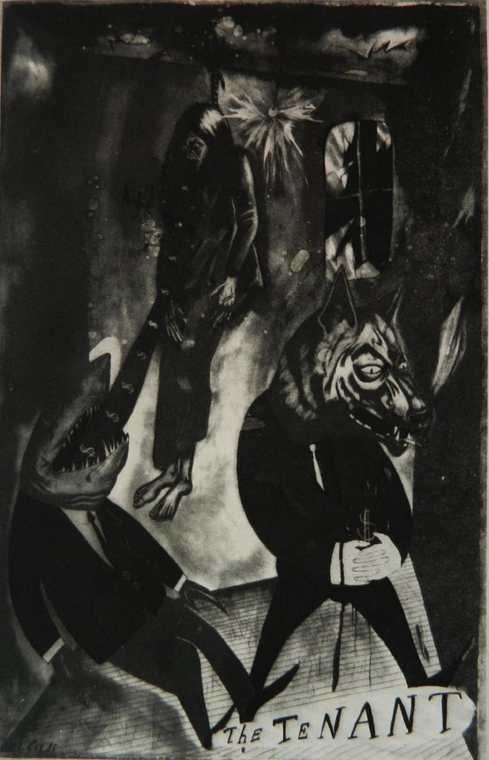 Sue Coe photo-etching: Sue Coe (British 1951- )- ''The Tenant''- photo-etching on wove paper, 1985, signed, dated and numbered 45/250 iin pencil, Moon and Cat stamps, Coe Murray blindstamp, veery good condition. 13 1/2 x 8