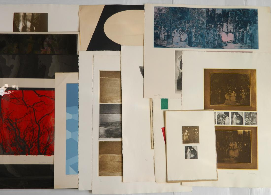 10 Jennifer Dicskon etchings: Jennifer dickson (American 20th c.)- 10 etchings in color, all signed and titled in pencil, along with a Marko Spalatin silkscreen and and Donald Roberts silkcreen, fair condition., various sizes