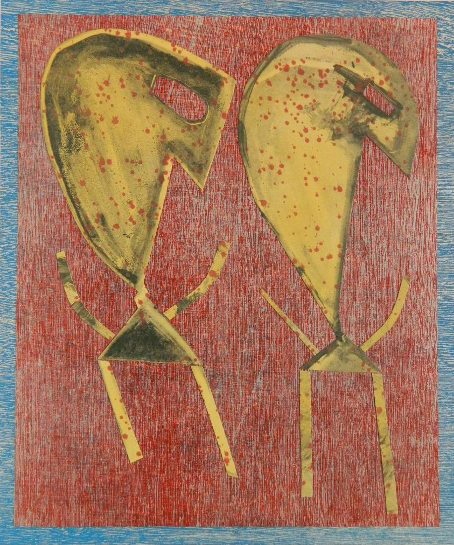 Marvin Jones collage: Marvin Jones (American 1940-2005)- ''Blind Figures''- relief print and collage, signed and titled in pencil, very good condition. 19 3/4 x 16 1/2''