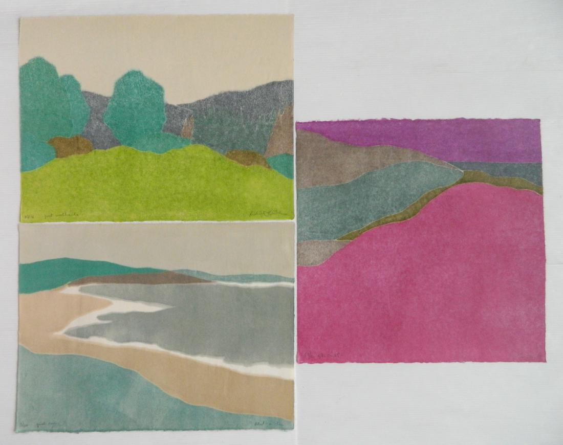 3 Richard Kemble woodcuts: Richard Kemble (American 1932-2007)- ''After Sunset''; ''Quiet Cove'' & ''Quiet Woodlands''- 3 woodcuts in color, ca. 1980's, all signed, titled and numbered in pencil, editions of 100, very good cond