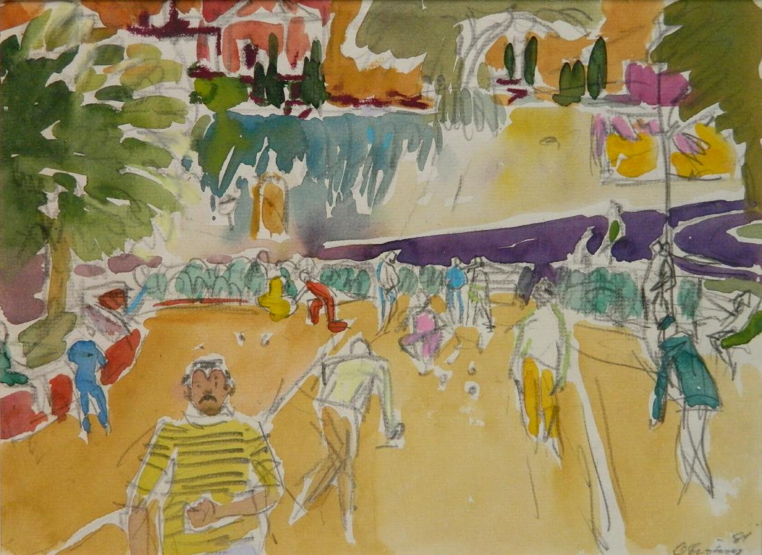 Joseph B. O'Sickey watercolor: Joseph B. O'Sickey (American 1918-2013)- ''Street Scene in France''- watercolor and graphite on paper, 1981, signed O'Sickey 81 lower right, estate inventory numbered in pencil veros, very good condit