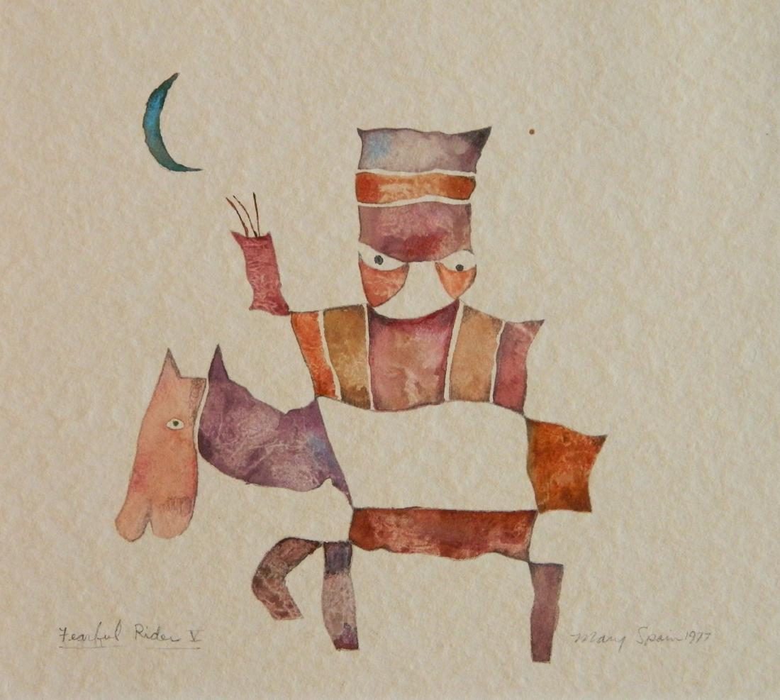 Mary Spain watercolor: Mary Spain (American 1934-1983)- ''Fearful Rider V''- watercolor on paper, 1977, signed Mary Spain, titled and dated, paper age toned. 7 1/2 x 8 1/2''