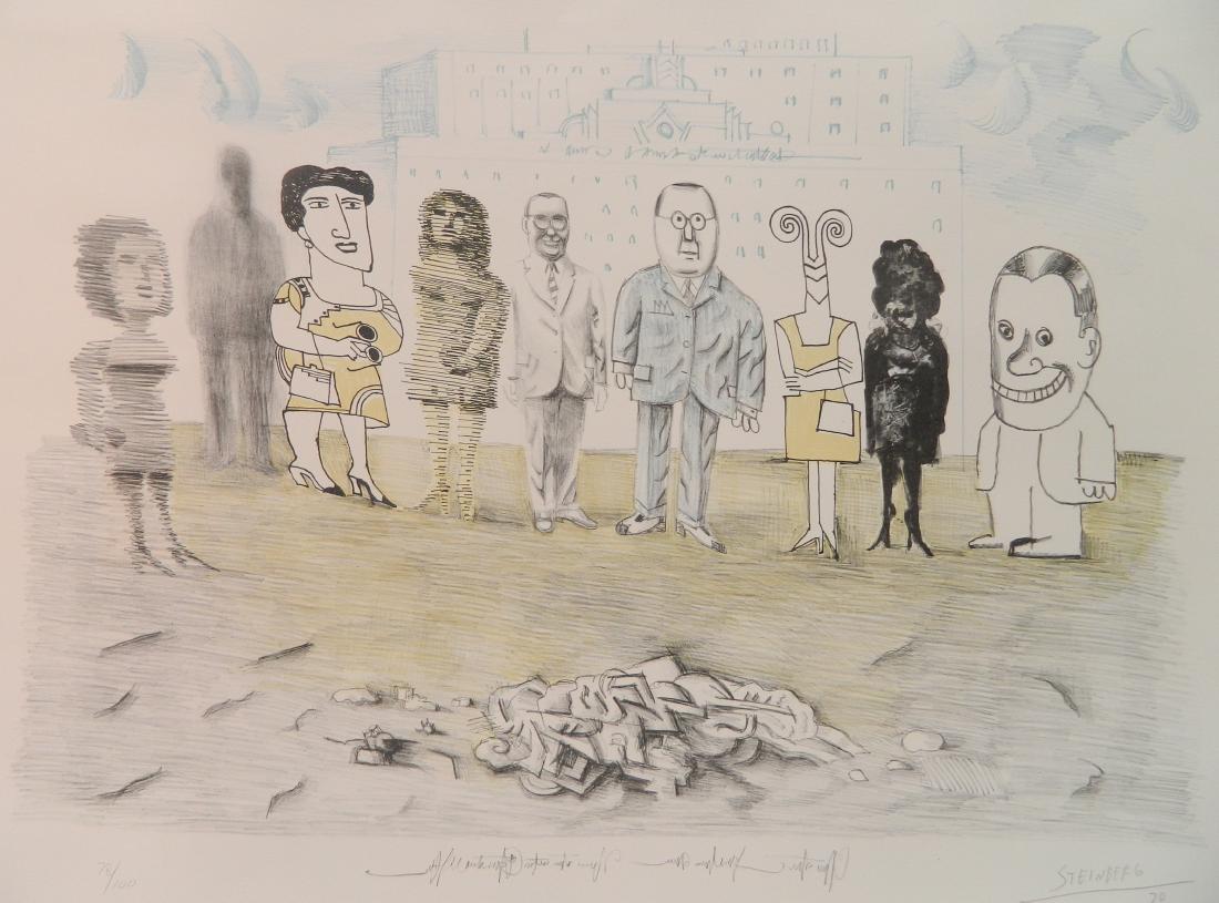 Saul Steinberg lithograph: Saul Steinberg (American 1914-1999)- ''Mixed Media''- lithograph in color, 1970, signed, dated and nubmered 78/100 in pencil, fraom the portfolio 'Six Drawing Tables' very good condition. 17 1/2 x 25'