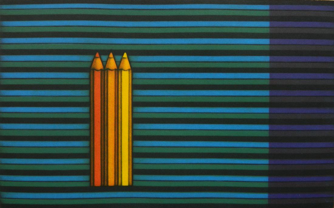 7 Kazuhisa Honda mezzotints: Kazuhisa Honda (Japanese 1948- )- ''Three Pencils''- mezzotint in colors, (7 copies), 1983, all signed, dated and numbered in pencil, edition of 95, very good condition. 7 1/4 x 11 5/8''