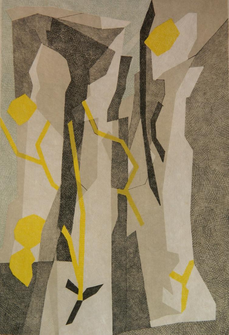 Andre Beaudin lithograph: Andre Beaudin (French 1895-1979)- ''Abstract Composition''- lithograph in color, 1971, signed, dated and numbered 24/50 in pencil, faintly light struck with window from mat. 13 x 8 7/8''
