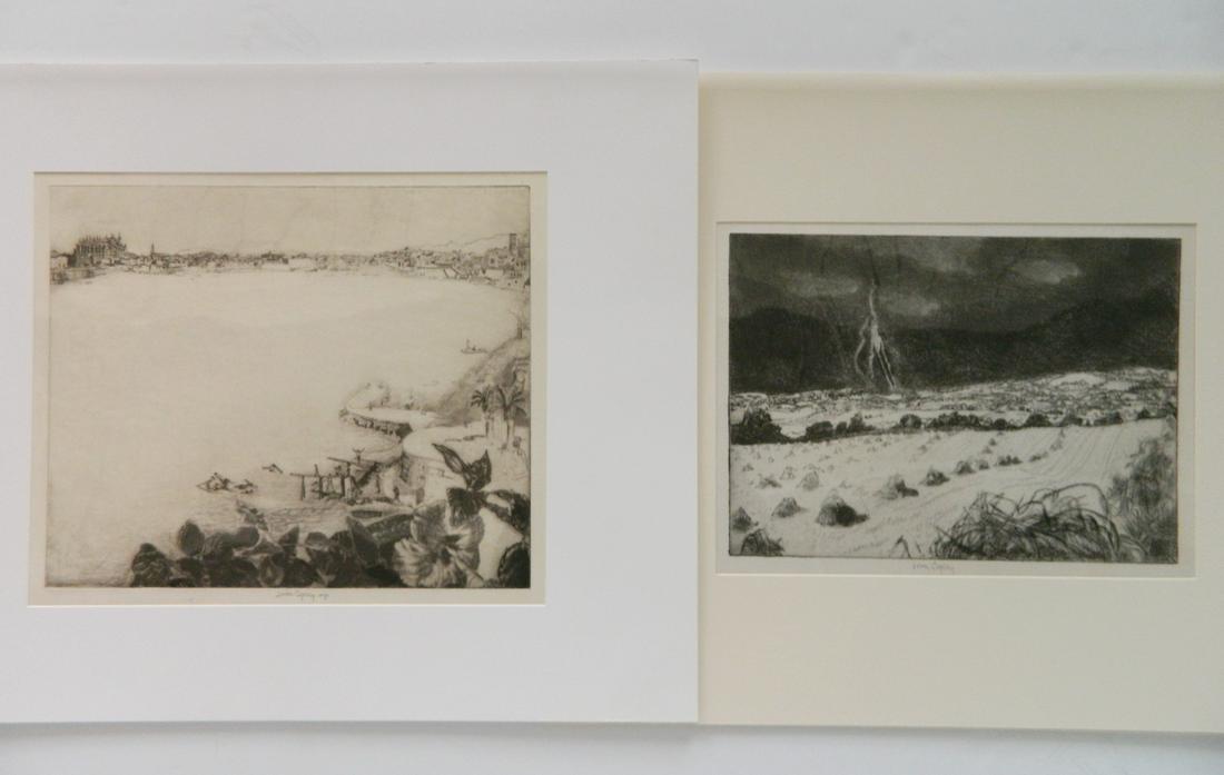John Copley 2 etchings: John Copley (British 1875-1950)- ''The Bay of Palma'' (Copley 53); and ''Barley Stooks'' (C. 122); - 2 etchings, 1932 and c. 1946, both signed in pencil, 'The Bay...' annotated 'imp' in pencil, 'Barle