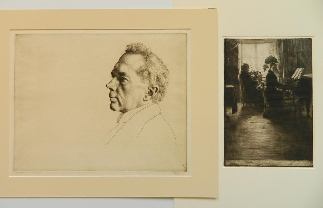 2 European Prints: 2 Prints- 1.) William Strang- Portrait of Campbell Dodgson- engraving, signed in pencil; 2.) Ferdinand Schmutzer- Joachim und Exzellenz von Keudell- etching, signed in pencil. 11 3/4 x 14 3/4''; 11 x
