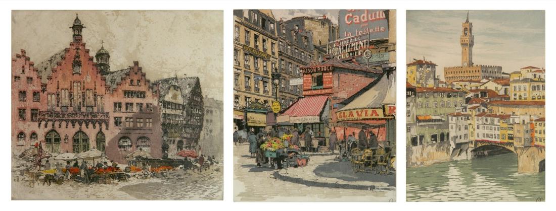 3 Austrian etchings: 3 Austrian etchings in color- 1.) Franz Xaver Wolf (1896-1989)- Street Cafe- signed and numbered 15/350 in pencil; 2.) and 3.) Hans Figura (1898-1978)- ''Ponte Vecchio, Florence''; ''La Maison Rouge''