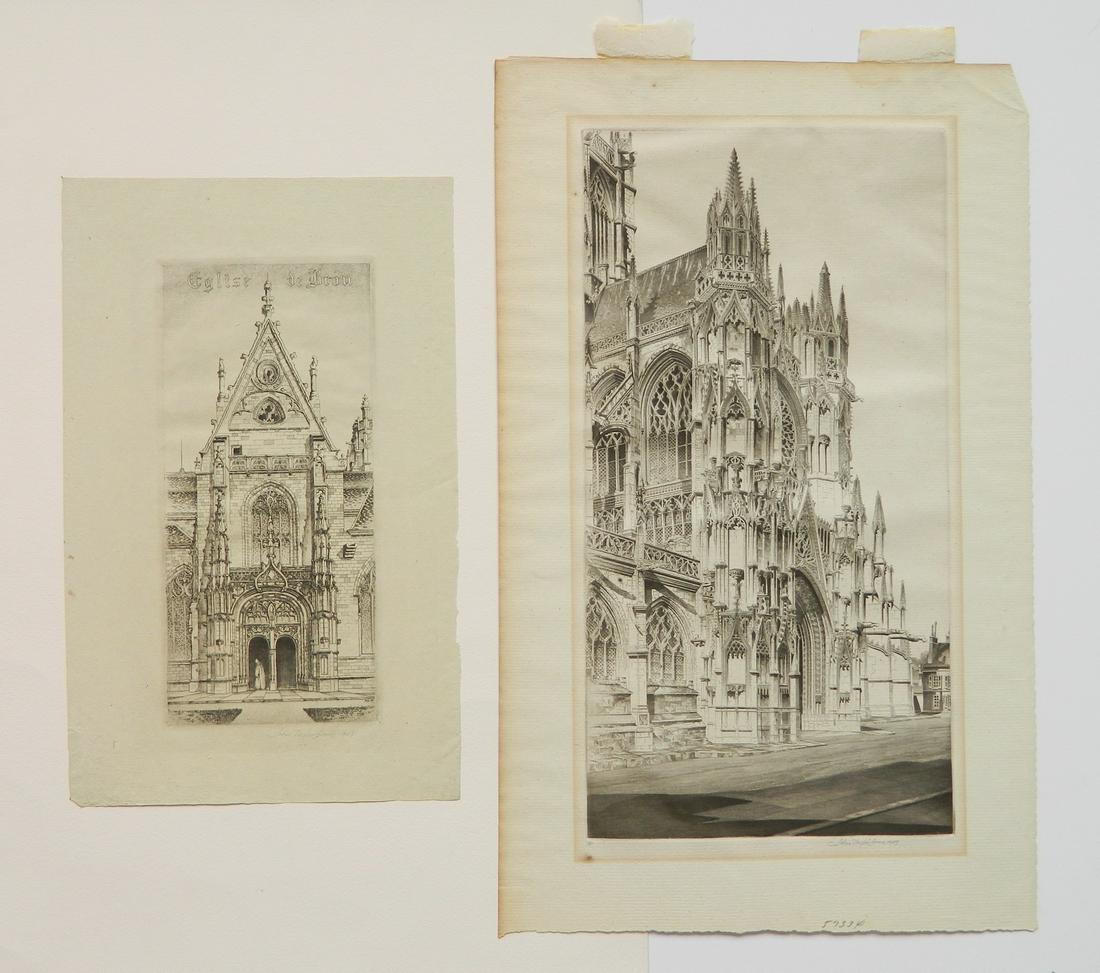 2 John Taylor Arms etchings: John Taylor Arms- 1) ''Eglise de Notre-Dame, Bourg-En Bresses'' (Fletcher 187) 2). ''Memento Vivere, Notre Dame'' (Fletcher 407)- 2 etchings, 1927, 1947, both signed and dated in pencil, French Series