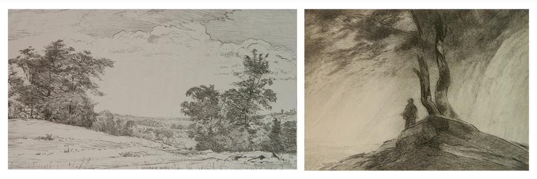 Bolton Brown 2 lithographs: Bolton Brown (American 1864-1936)- ''Summer Day'' (Brown 308A); ''Below The Falls'' (B. 574A)- 2 lithographs, 1 on chine volant, 1 signed and annotated 'imp' in pencil, small edition. 9 3/8 x 16 5/8''