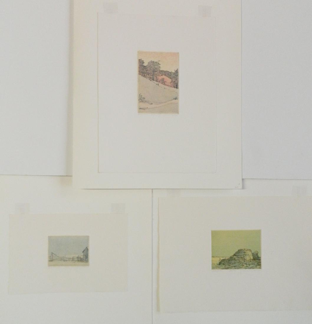 Russell Chatham 3 etching and aquatint: Russell Chatham (American 1939- )- ''Ranch Yard''; ''Hayfield''; ''Nightfall''- 3 etching and aquatint in color, 1985, all signed, dated, titled and numbered in an edition of 200 in pencil. 2 7/8 x 3 
