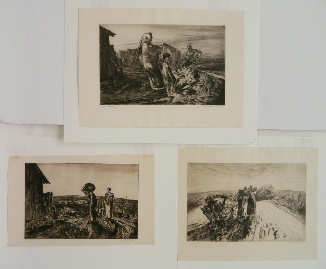 John Costigan 3 etchings: John Costigan (American 1886-1972) 3 etchings- 1.) ''Fall Plowing''- c. 1938, signed and titled in pencil; 2.) ''On the Farm''- 1933, signed, titled and inscribed '92/' in pencil; 3.) ''When Day is Do