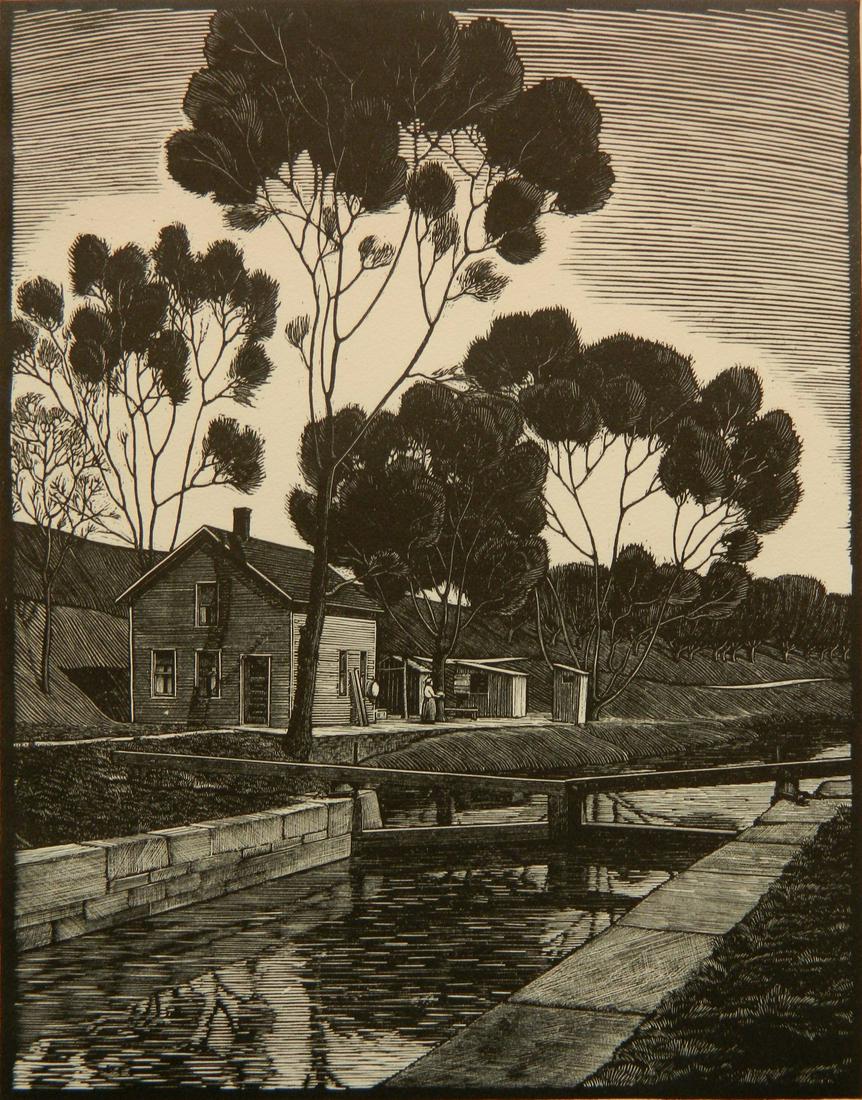 William P. Cunningham wood engraving: William Phelps Cunningham (American 1903-1980)- ''Ohio Canal''- wood engraving, signed and titled in pencil, done for The Cleveland Print-A-Month Club, good condition. 8 x 6 1/4''