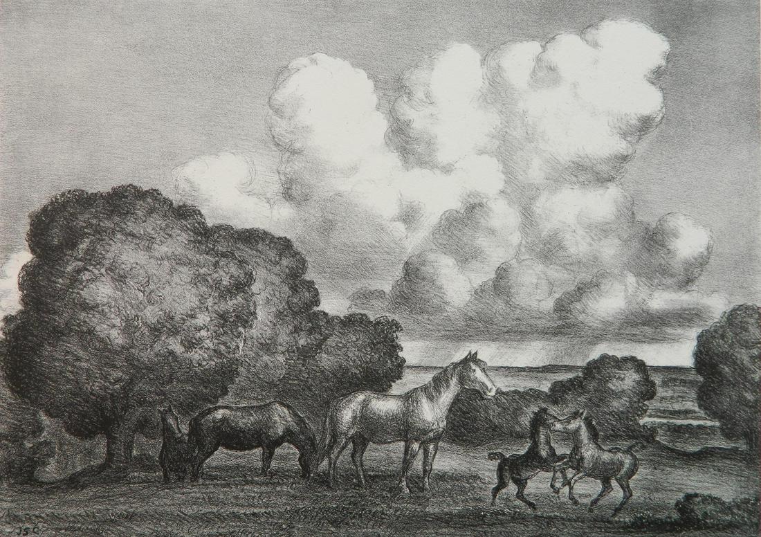 John S. Curry lithograph: John Steuart Curry (American 1897-1946)- ''Summer Afternoon'' (Cole 35)- lithograph, 1939, trial proof, signed by George Miller (the printer) in pencil, very good condition. 9 7/8 x 14''