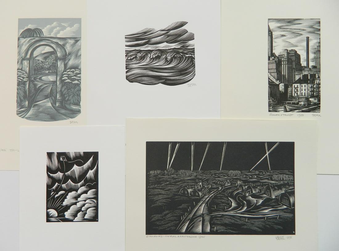 John De Pol 5 wood engravings: John De Pol (American 1913- 2004)- ''South Street'' (Fraser & Friedl 60W); ''Chipping ONgar Aerodrome: (F. & F. 142W) , Untitled- 5 wood engravings, 1950, 1995, all signed in pencil, very good conditi