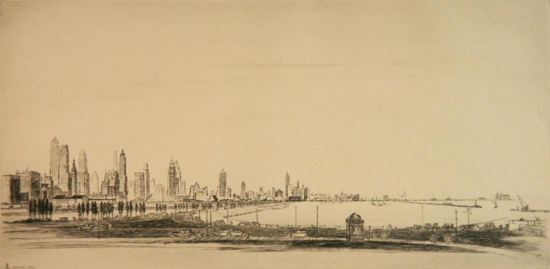 Gerald K. Geerlings drypoint: Gerald K. Geerlings (American 1897-1998)- ''Today and Tomorrow (Chicago)'' (Czestochowski 19 v/VII)- drypoint, 1930, signed and annotated '5th Trial State (''Today and Tomorrow'') 1 only' in pencil, s