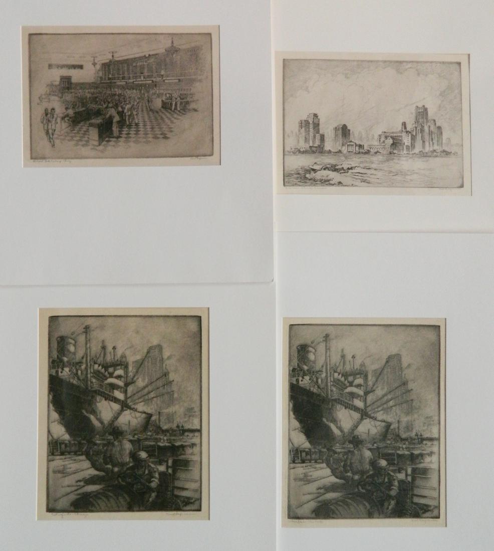 Kent Hagerman 4 etchings: Kent Hagerman (American 1893-1978)- ''Northwestern University, Chicago Campus''- 1951; ''Midwest Stock Exchange - Chicago''- c. 1950; ''Wharfside - Chicago'' (2)- c. 1950; 4 etchings, all signed and t