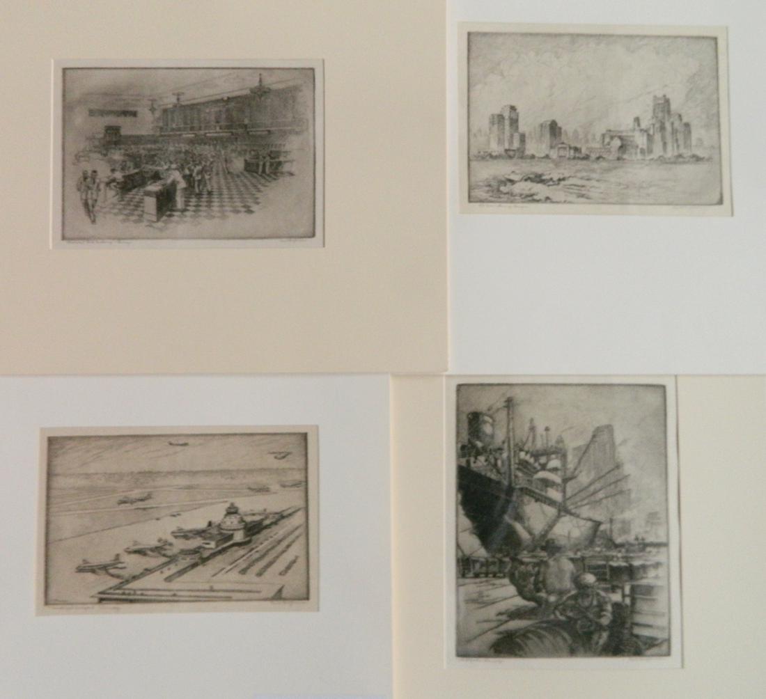 Kent Hagerman 4 etchings: Kent Hagerman (American 1893-1978)- ''Northwestern University, Chicago Campus''- 1951; ''Municipal Airport, Chicago''- 1951; ''Midwest Stock Exchange - Chicago''- c. 1950; ''Wharfside - Chicago''- c. 