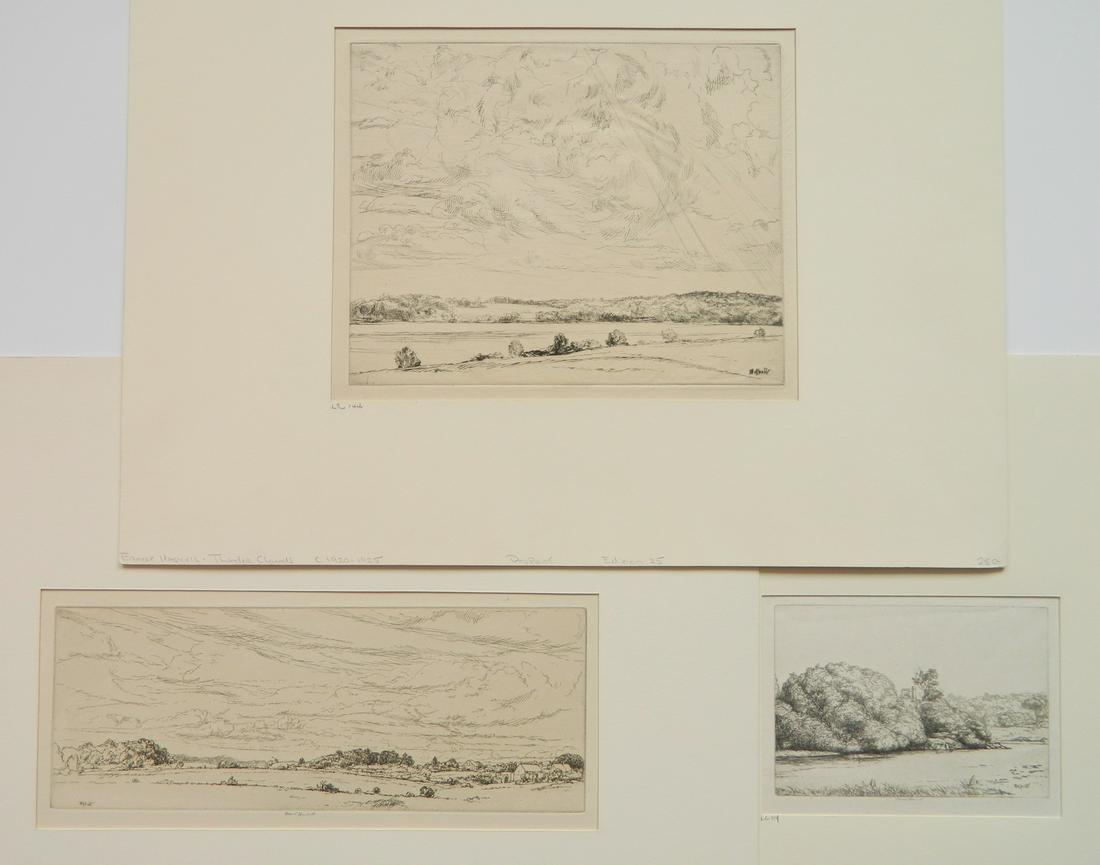 Ernest Haskell 3 intaglio: Ernest Haskell (American 1876-1925)- ''Boubier's Field''; ''The Pond and Willows''; ''Thunder Clouds''- 2 etchings and 1 drypoint, ca. 1920-24, all signed in pencil, very good condition. 8 x 10'' (lar
