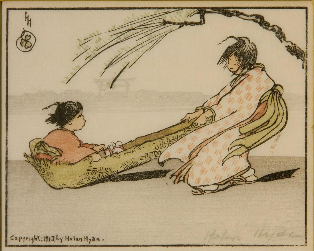 Helen Hyde woodblock in color: Helen Hyde (American 1868-1919)- ''Windy Ride'' (Mason 113)- woodblock in colors, 1913, signed in pencil. 4 1/4 x 5 3/8''