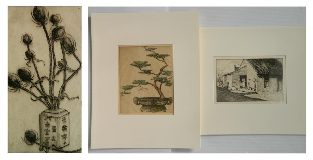 Bertha E. C. Jaques 3 intaglio: Bertha E. C. Jaques (American 1863-1941)- 1.) ''Scotch Collier's Cottage'' (Jaques 195)- etching, 1912, signed in pencil; 2.) ''Japanese Pine'' (J. 333)- etching with hand-coloring, 1923, printed on t