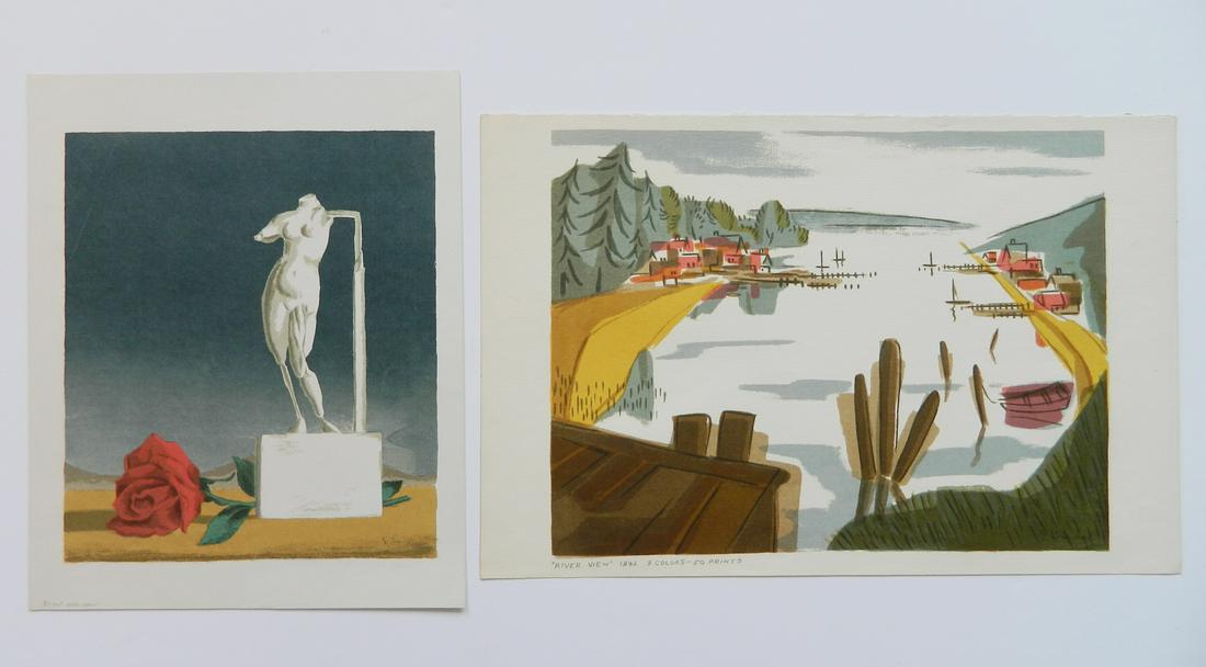 Edward Landon 2 silkscreens: Edward Landon (American 1911-1984)- ''River View''; ''By Any Other Name''- 2 silkscreens in color, both signed in pencil in the image, 'By Any...' has crease in upper left corner of image. 12 x 16'';