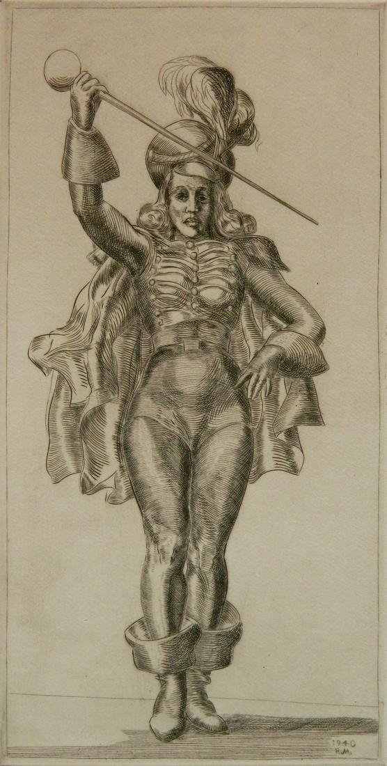 Reginald Marsh engraving: Reginald Marsh (American 1898-1954)- ''Drum Majorette'' (Sasowsky 204 iv/iv)- engraving, 1940, signed in pencil, edition of 300. 11 3/8 x 5 5/8''
