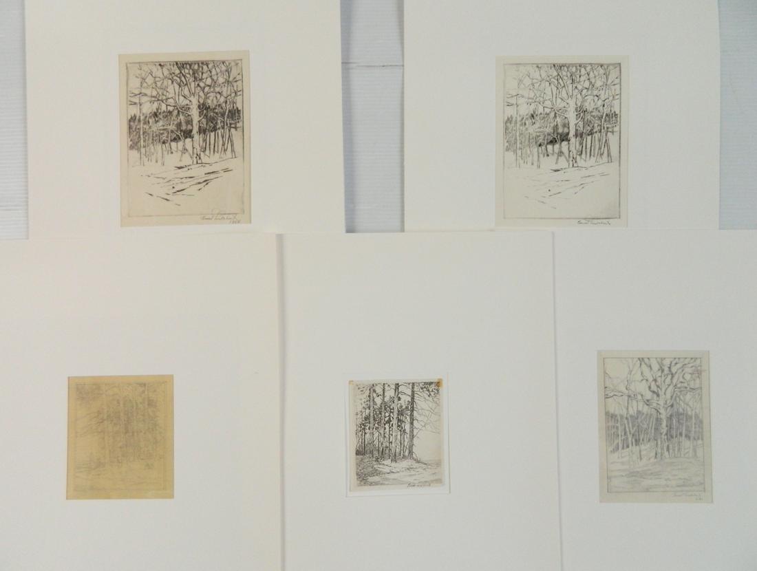 Ernest Melchert 2 drawings and 3 drypoints: Ernest Melchert (American 1890-1972) 1.) ''The Old Guard''- graphite on tracing paper, drawing for etching, paper yellowed; 2.) ''The Old Guard''- etching and drypoint, signed in pencil, tape stains i