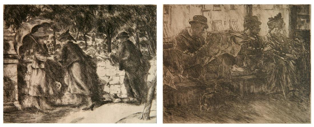 Martin Petersen 2 etchings: Martin Petersen (Danish/American 1866-1956)- ''In the Elevated Train'' (Kramer 4); ''A Glimpse of The Park'' (K. 27)- 2 etchings, 1916 and 1920, both initialed and dated in pencil, very good condition