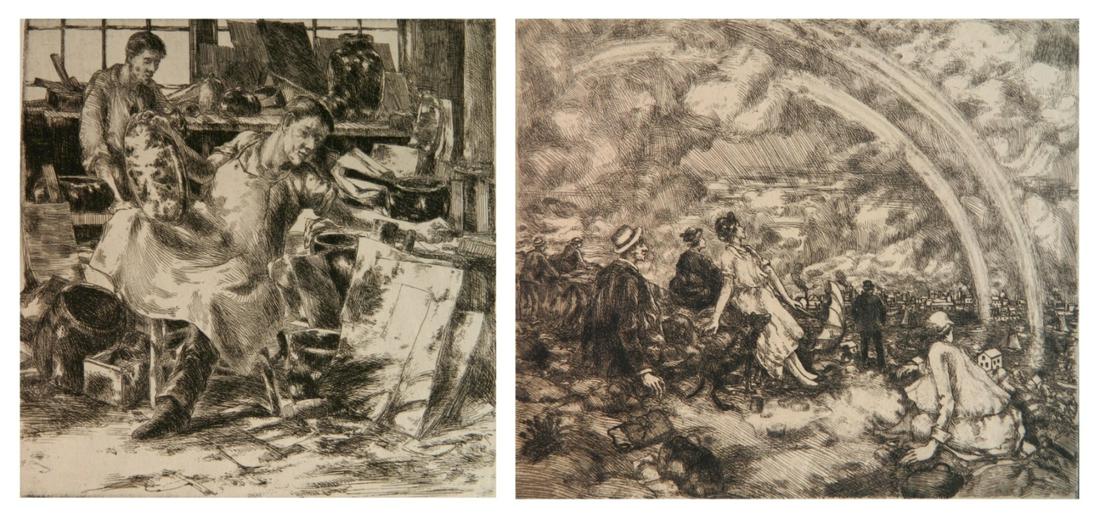 Martin Petersen 2 etchings: Martin Petersen (Danish/American 1866-1956)- ''The Metal Workers'' (Kramer 69); ''Picknickers and Rainbows'' (K. 104)- 2 etchings, 1925 and 1930, both initialed and dated in pencil, very good conditio