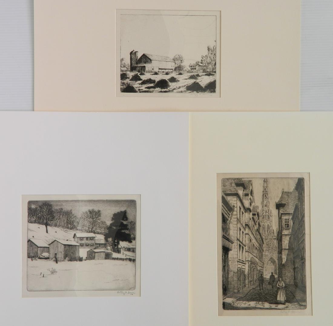 LeRoy D. Sauer 3 prints: LeRoy D. Sauer (American 1894-1959) 3 prints- 1.) ''Hayfield''- drypoint, estate signed; 2.) ''French Cathedral''- etching, 1927, some creasing in lower right corner of margin; 3.) ''Winter I''- etchi