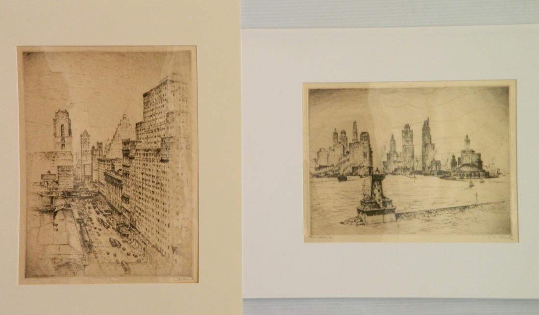 Anton Schutz 2 etchings: Anton Schutz (American 1894-1977) 2 etchings- ''Chicago Harbor''- c. 1930, signed and annotated 'First State' in pencil; and ''View of 42nd Street''- 1927, signed in pencil, previously from the collec