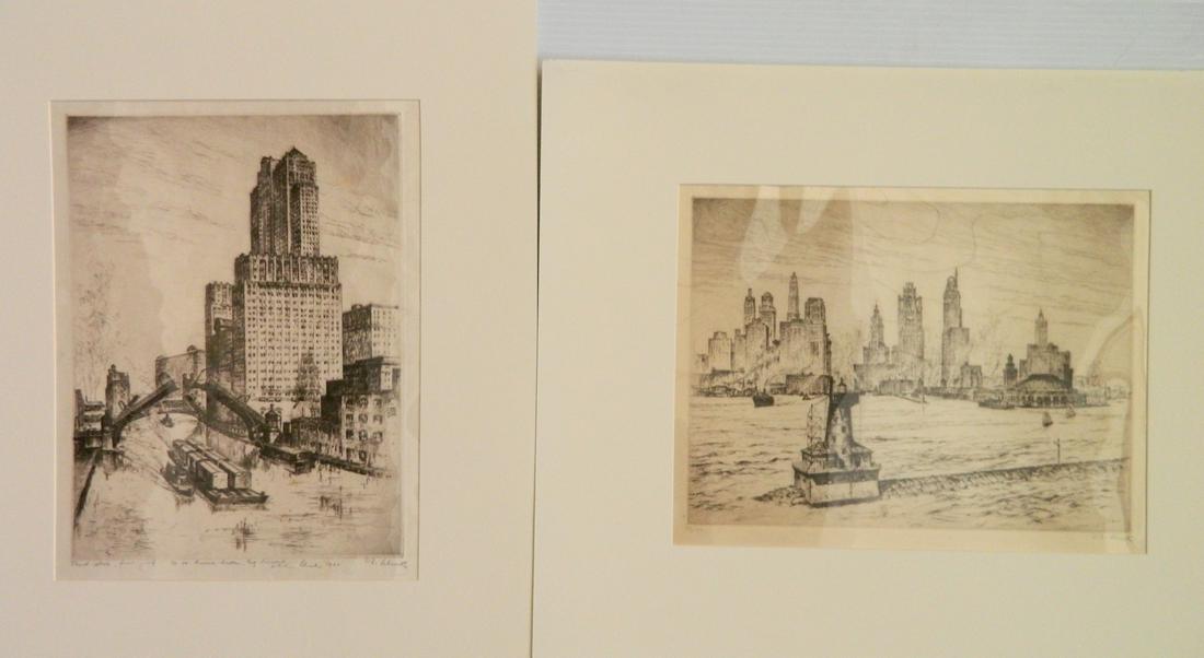 Anton Schutz 2 etchings: Anton Schutz (American 1894-1977) 2 etchings- ''Chicago Harbor''- c. 1930, signed and numbered 19/100; and ''Chicago Civic Opera House''- 1930, signed and dated in pencil with annotations 'Third State