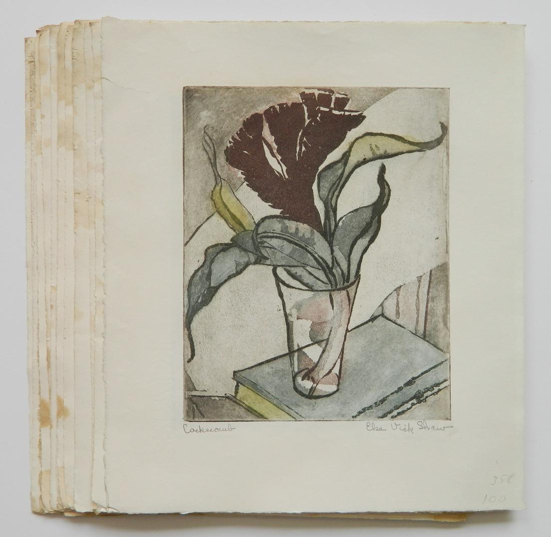 Elsa Vick Shaw 22 aquatints: Elsa Vick Shaw (American 1891-1974)- ''The Cockscomb''- 22 aquatints in color, 1936, all signed and titled in pencil, Cleveland-Print-A-Month plate 47, staining throughout. 6 3/4 x 5 3/8''