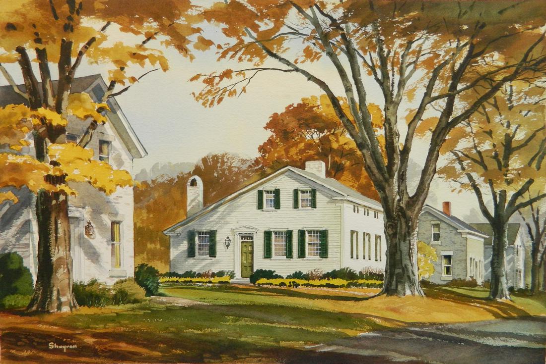 Kinley Shogren watercolor: Kinley Shogren (American 1924-1991)- ''Spreading Elm and Saltbox, Hudson Ohio''- watercolor on paper, signed 'Shogren' lower left, good condition. 14 5/8 x 21 7/8''