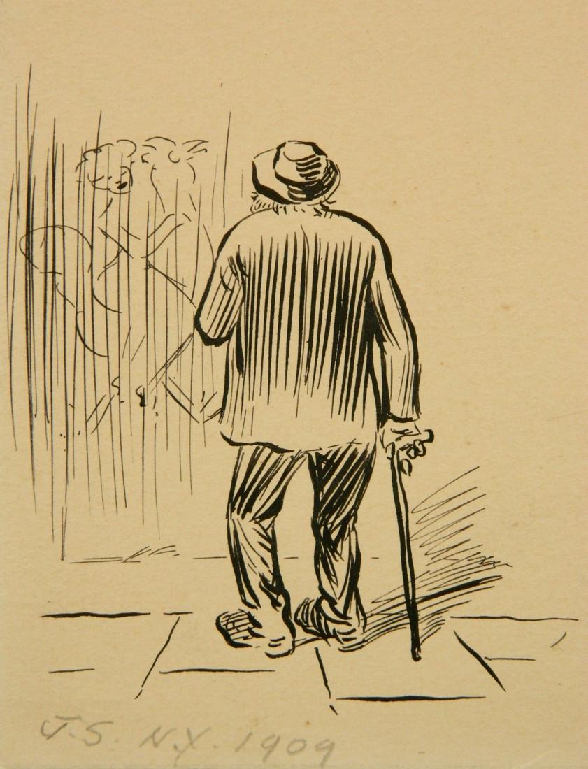Attrib. to John Sloan ink drawing: Attrib. to John Sloan (American 1871-1951)- ''Man with Cane''- ink on paper, 1909, bears initials J.S in pencil and inscribed 'N.Y. 1909', minor age-toning, overall very good condition. 3 1/2 x 3 1/8'