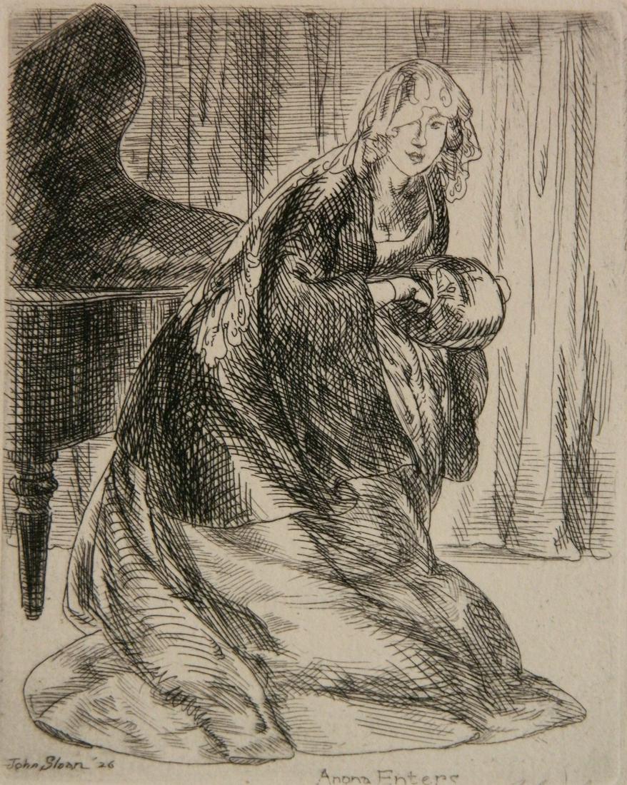 John Sloan etching: John Sloan (American 1871-1951)- ''Rendezvous'' (Morse 227 iii/III)- etching, 1926, signed and inscribed '100 proofs' in pencil, annotated 'Angna Enters' in plate, very good condition. 4 7/8 x 3 7/8''