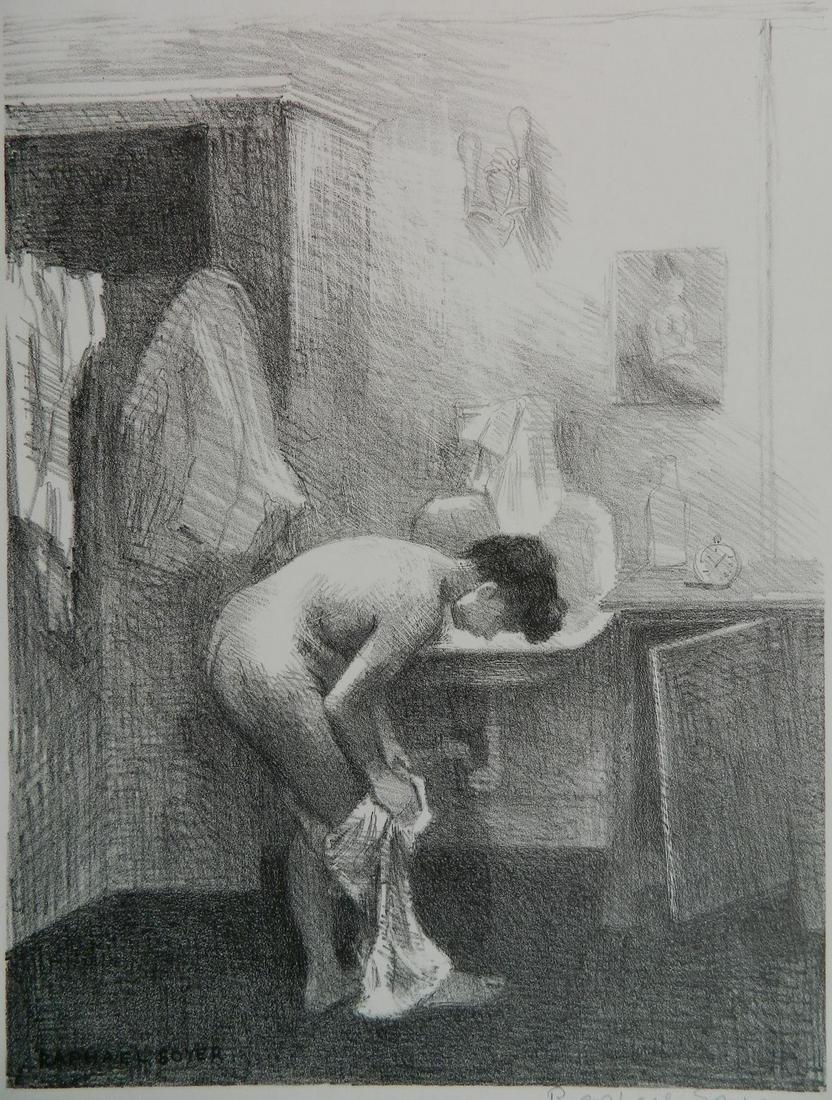 Raphael Soyer lithograph: Raphael Soyer (American 1899-1987)- ''Nude in Interior'' (Cole 76)- lithograph, 1954, signed in pencil, AAA edition of 250, stain lower center margin, about 5/8'' away from image. 12 1/4 x 9 1/4''