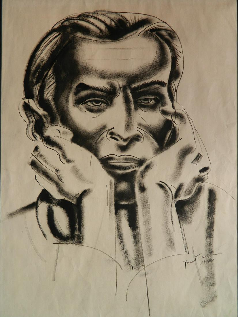 Paul B. Travis drybrush watercolor: Paul B. Travis (American 1891-1975)- ''Drawing #1''- drybrush watercolor, 1944, signed and dated 'Paul Travis 1944' in watercolor loer right, 3 tears in bottom edge. 25 x 18 1/2''