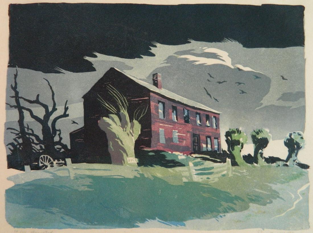 Ernest W. Watson linocut: Ernest W. Watson (American 1884-1969)- ''Deserted''- linocut in color, c. 1945, signed, titled and numbered 39/75 in pencil. 7 1/2 x 10''