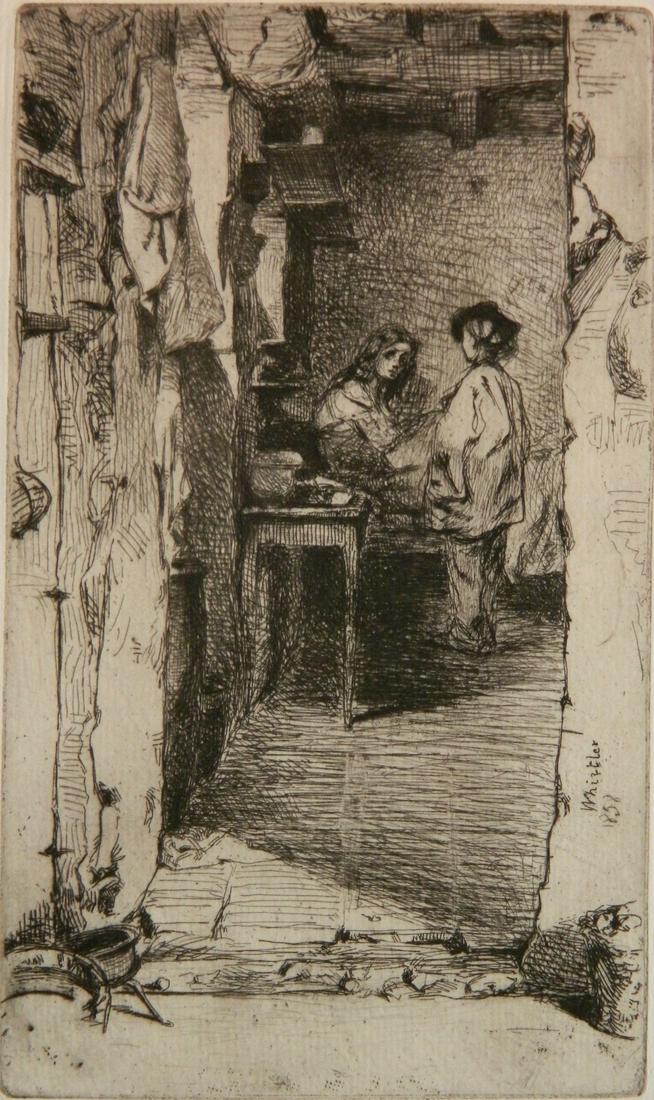 James A. M. Whistler etching and drypoint: James A. M. Whistler (American 1834-1903)- ''The Rag Gatherers'' (Kennedy 23 v/v)- etching and drypoint, 1858. 6 x 3 1/2''