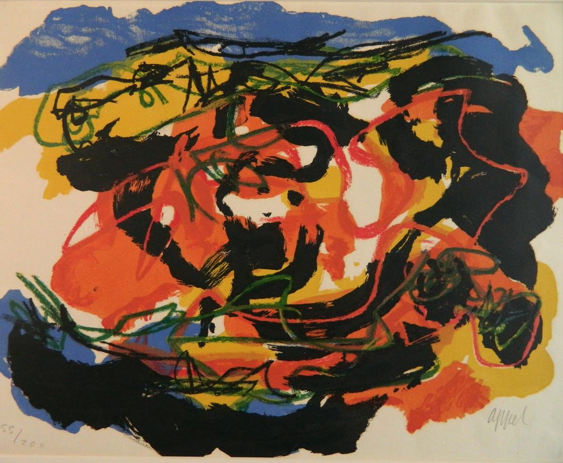 Karel Appel lithograph: Karl Appel (Dutch 1921-2006)- Abstract- lithograph in color, signed and numbered 155/200 in pencil, slightly light struck, verso has cardboard burn, old masking tape residue around edges verso. 14 3/4