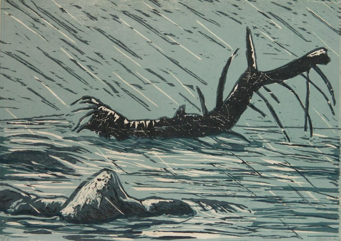 Richard Bosman woodcut in color: Richard Bosman (American 1944- )- Untitled (Tree Trunk in Flood)- woodcut in colors, signed and numbered 11/18 in pencil, very good condition. 17 1/4 x 24 1/4''
